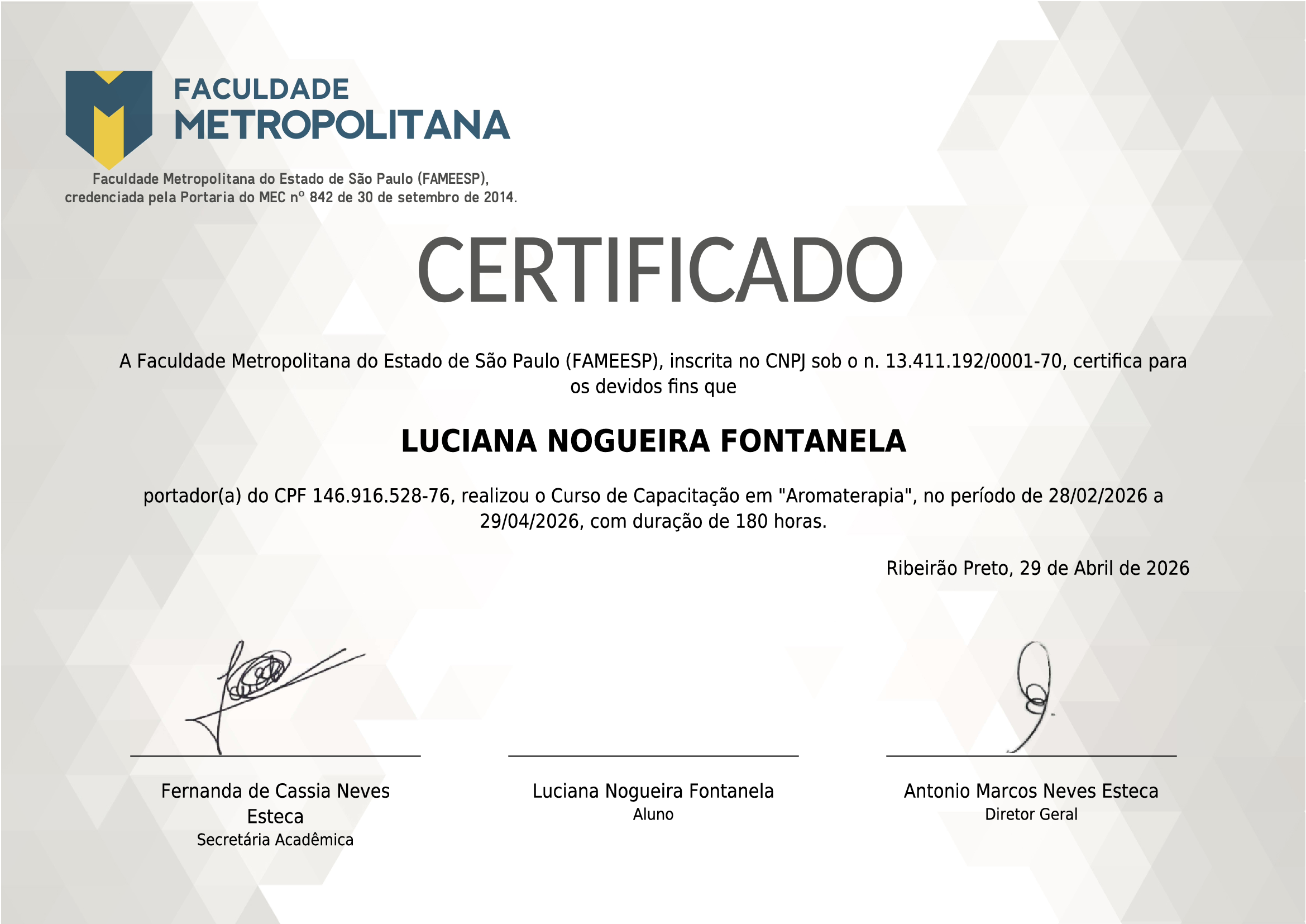 Certificado Aromaterapia Hava Blends - Frente (FAMEESP)